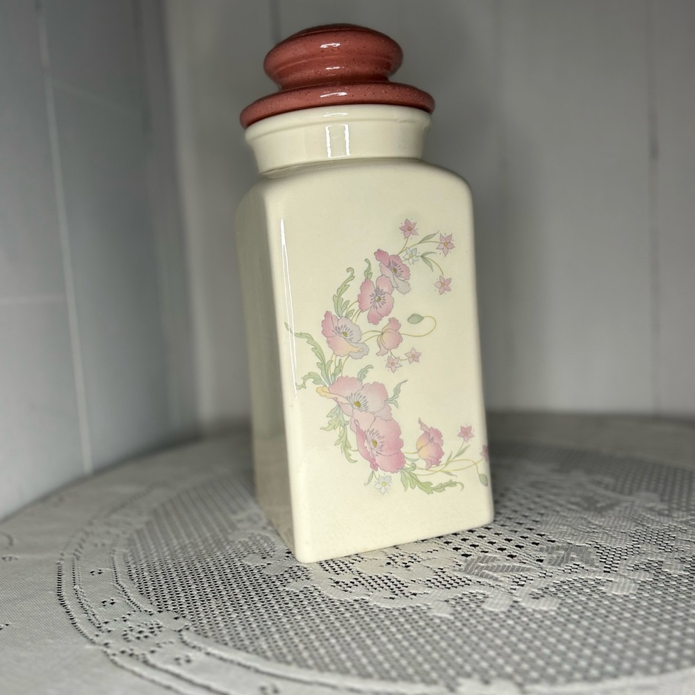 Floral Ceramic Canister with Pink Lid